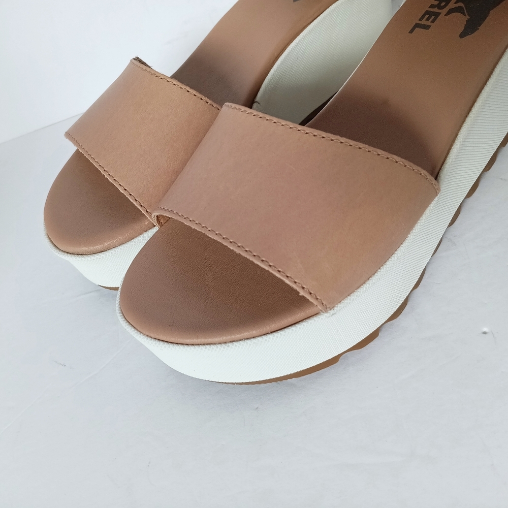 🤎 Sorel Tan Wedge Sandals Ballet Ankle Leather White Womens 5.5 Platform - Picture 3 of 13